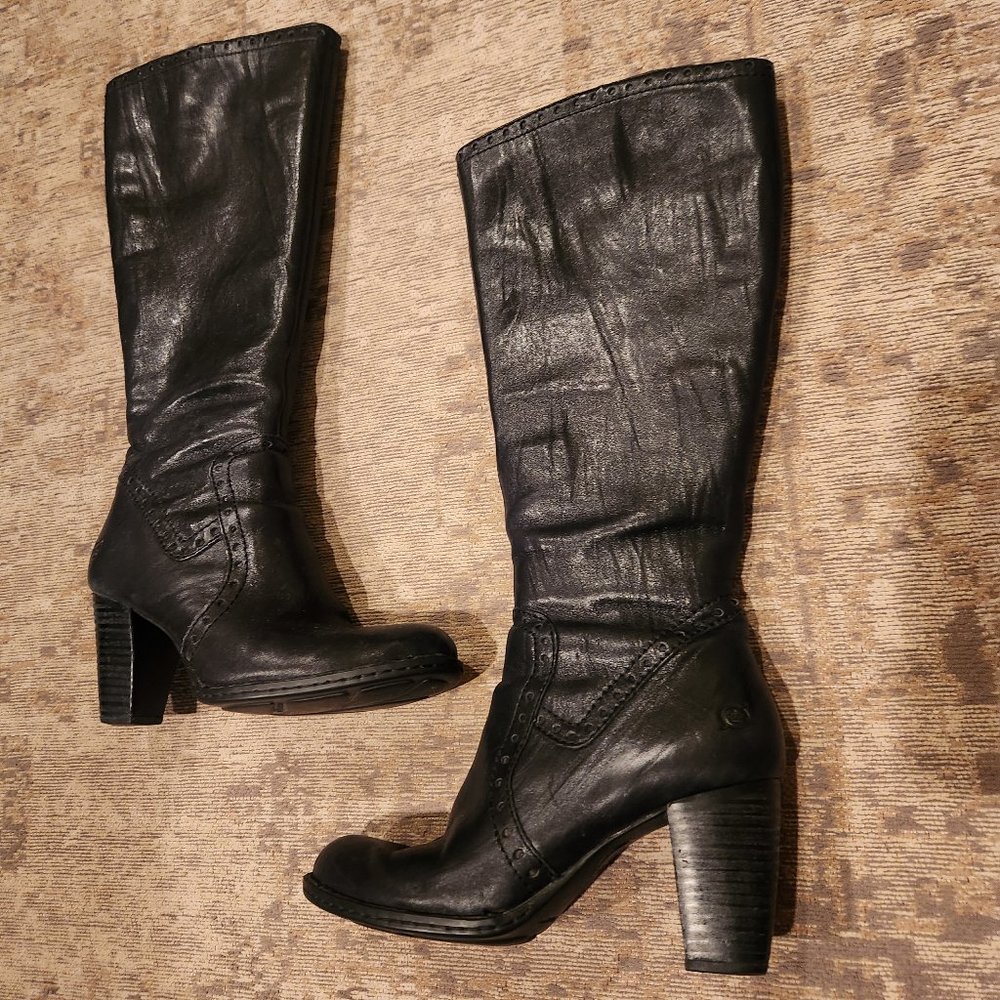 Born W31646 Black Leather Zip Womens High Heel Knee High Pull On Boots Size 8.5